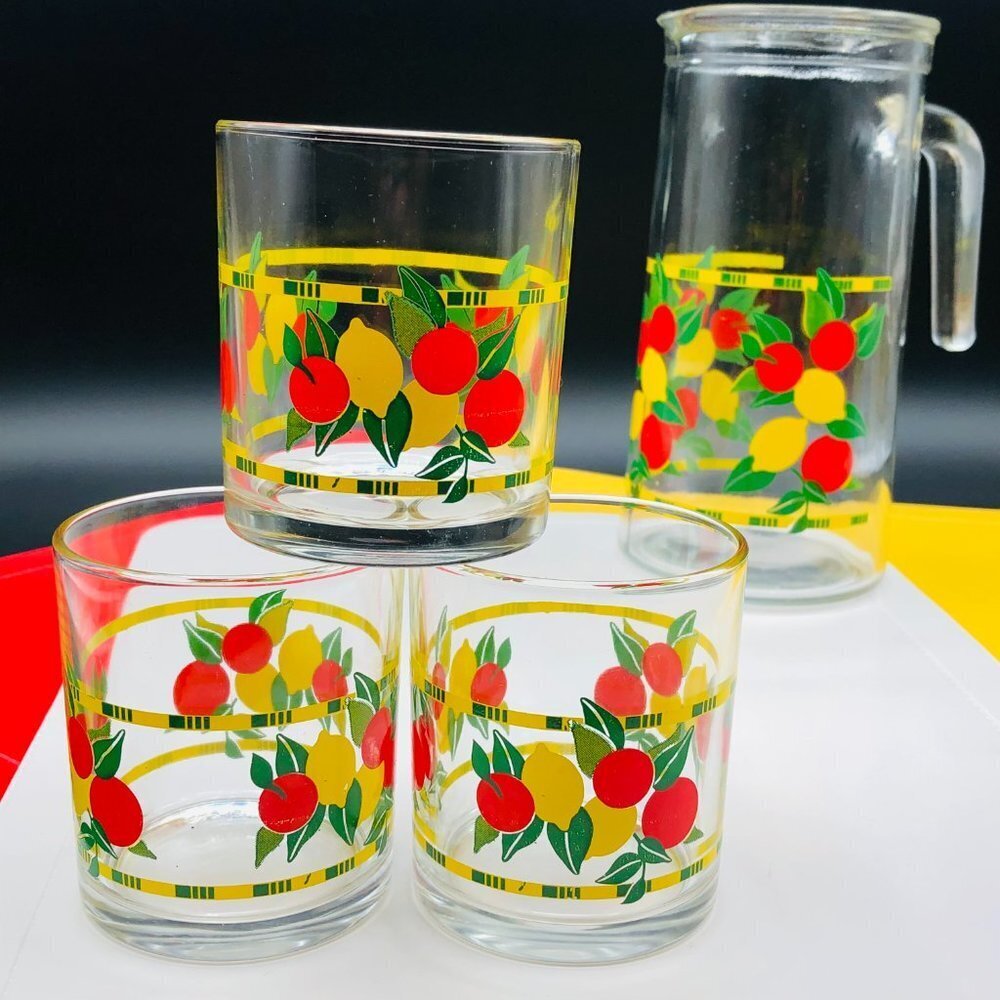 Vintage COVETRO Italy Glass Pitcher with Lowball Glass Cherry Lemonade Patio Set